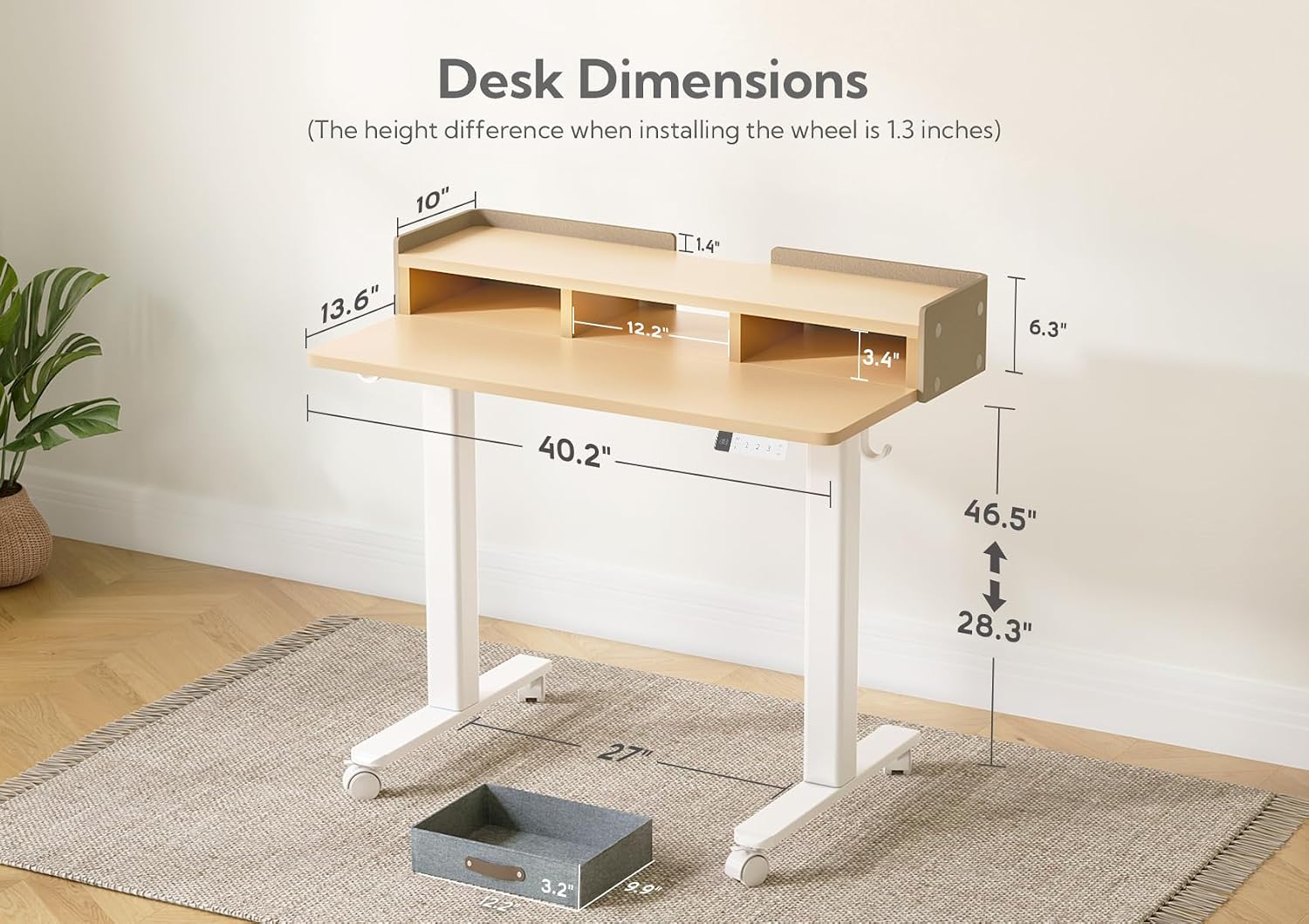 Claiks Standing Desk with Drawers, Adjustable Stand Up Electric Small Standing Desk Adjustable Height with Storage Shelf and Splice Board, 40 Inch, Natural