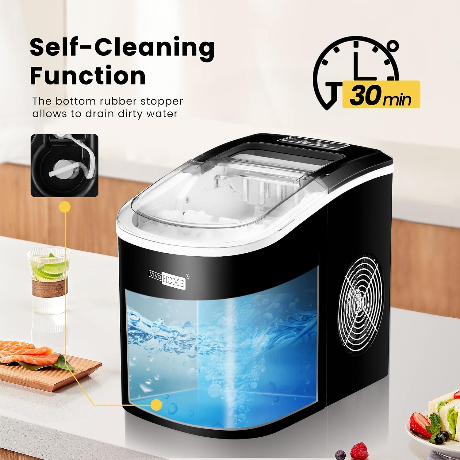 VIVOHOME Electric Portable Compact Countertop Automatic Ice Cube Maker Machine with Hand Scoop 10 Ice Bags and Self Cleaning Function 27lbs/Day Black