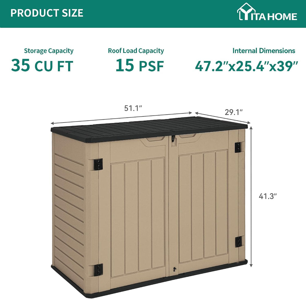 YITAHOME Outdoor Resilient Storage Shed, 35 Cu Ft Lockable Weatherproof Resin Unit, Fit for Garden Equipment, Simple Assembly (Brown)