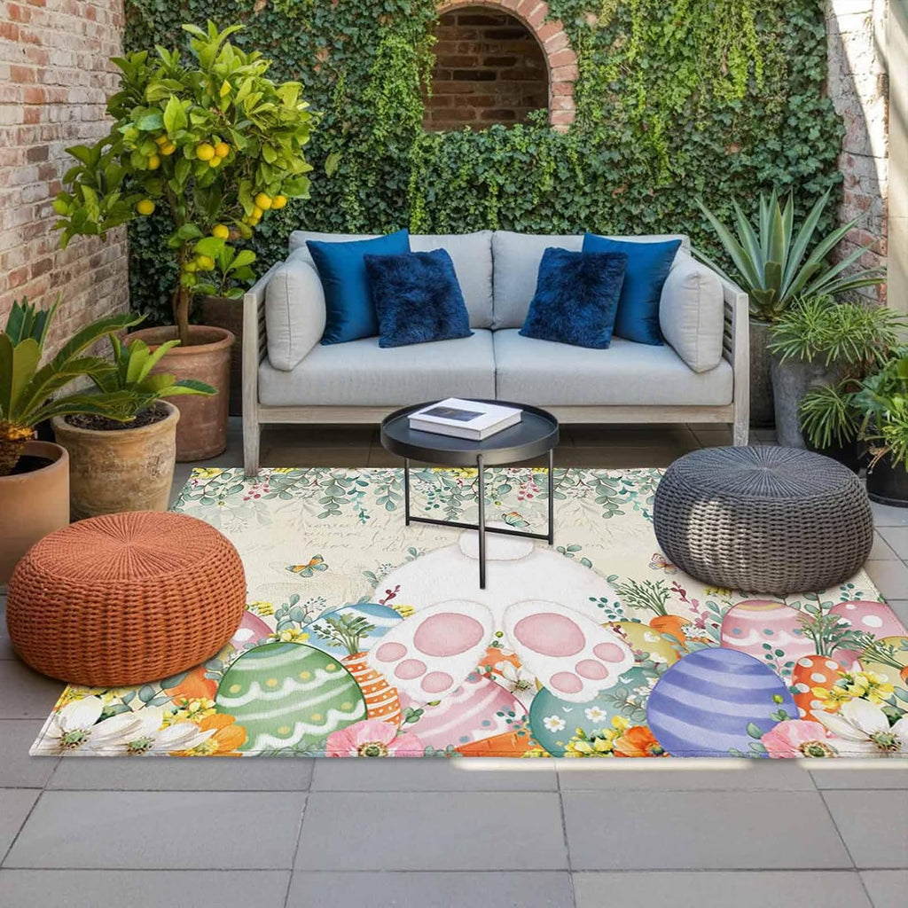 Cute Easter Bunny Outdoor Rug for Patio/Deck/Porch, Non-Slip Large Area Rug 6 x 9 Ft, Eucalyptus Leaves Colorful Eggs Beige Indoor Outdoor Rugs Washable Area Rugs, Reversible Camping Rug Carpet Runner