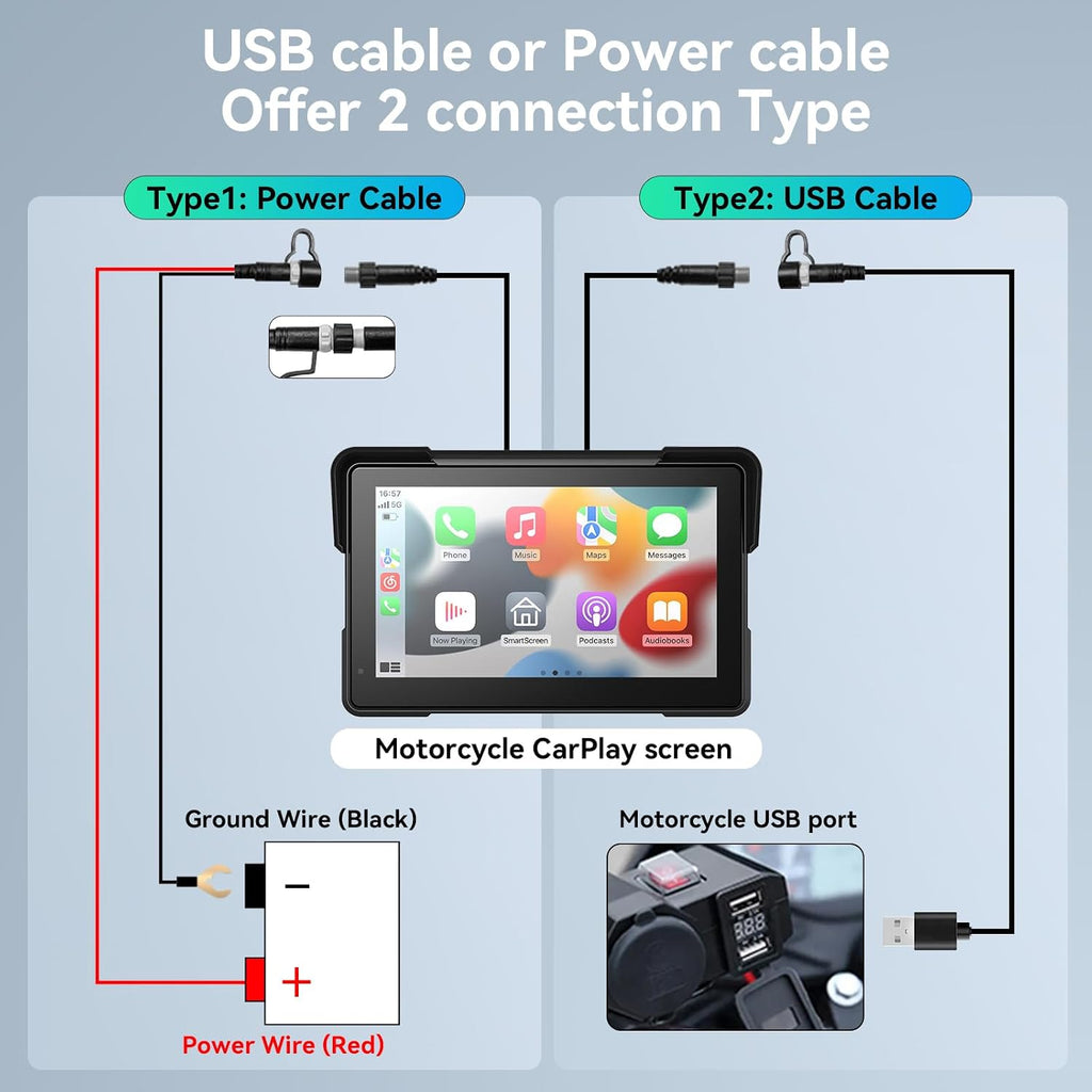 Wireless Motorcycle Apple Carplay,7 Inch Portable Motor GPS Navigation with Apple Carplay & Android Auto,Siri & Google Assistant, Anti-Glare/Bluetooth 5.2/TMPS/Voice Control/ IP69K Waterproof
