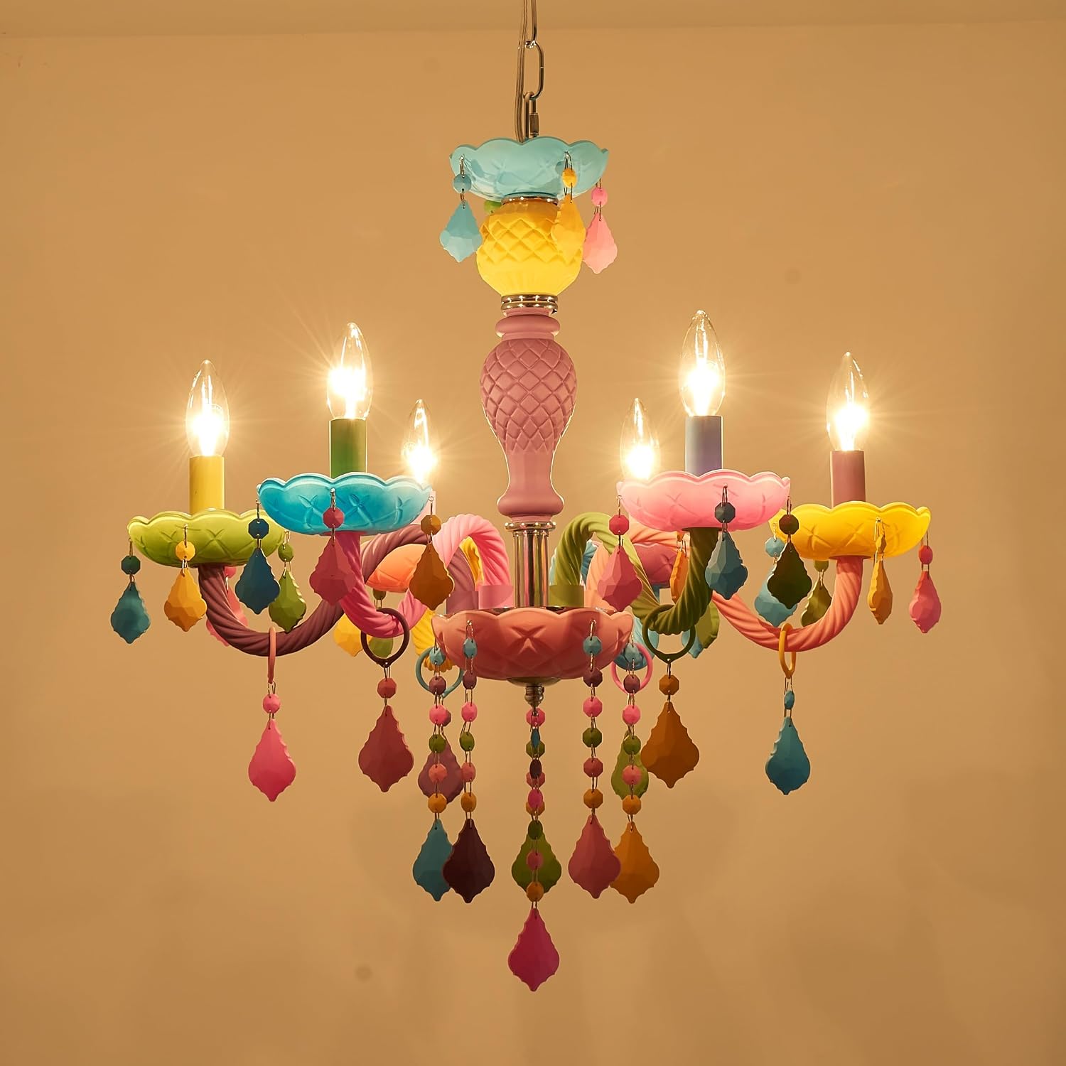 6-Light Children Crystal Chandeliers, Modern Design Rainbow Colorful Pendant Light Fixture for Bedroom, Dining Room, D23×H33~71 inch(Adjustable Height), Macaron Color Finish & K9 Crystal
