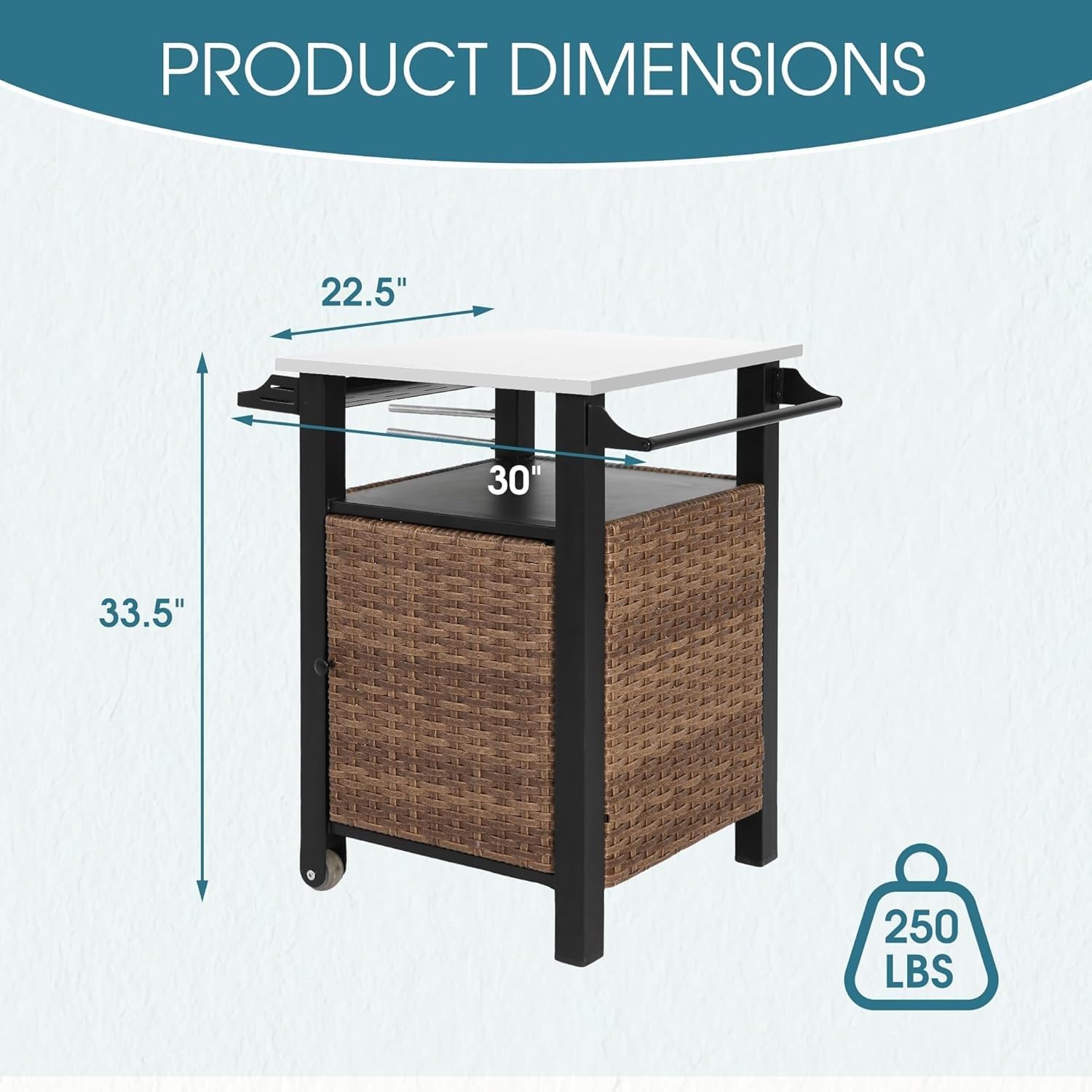 30' Grill Cart Outdoor with Wheels, Outdoor Prep Table with Wicker Storage and Rolling Wheels, Samll Kitchen Island Serving Cart with Stainless Steel Table Top for BBQ, Porch, Patio, Brown