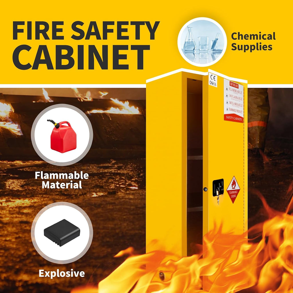 185 Gallon Flammable Storage Cabinet 75H x 25W x 30D, Yellow Galvanized Steel Safety Cabinet, Adjustable Shelf Fireproof Cabinet with 3-Point Key Lock, for Commercial Industrial and Home Use
