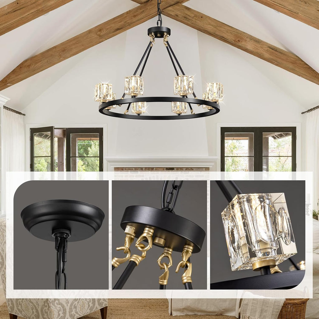 Black Wagon Wheel Chandelier, 8-Light Farmhouse Crystal Chandeleirs with Adjustable Height,Ceiling Hanging Light Fixture Pendant Lights for Living Room,Bedroom,Kitchen Island,Dining Room