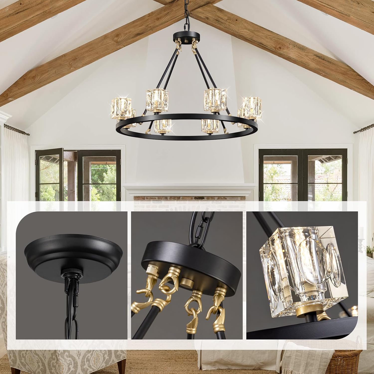 Black Wagon Wheel Chandelier, 8-Light Farmhouse Crystal Chandeleirs with Adjustable Height,Ceiling Hanging Light Fixture Pendant Lights for Living Room,Bedroom,Kitchen Island,Dining Room