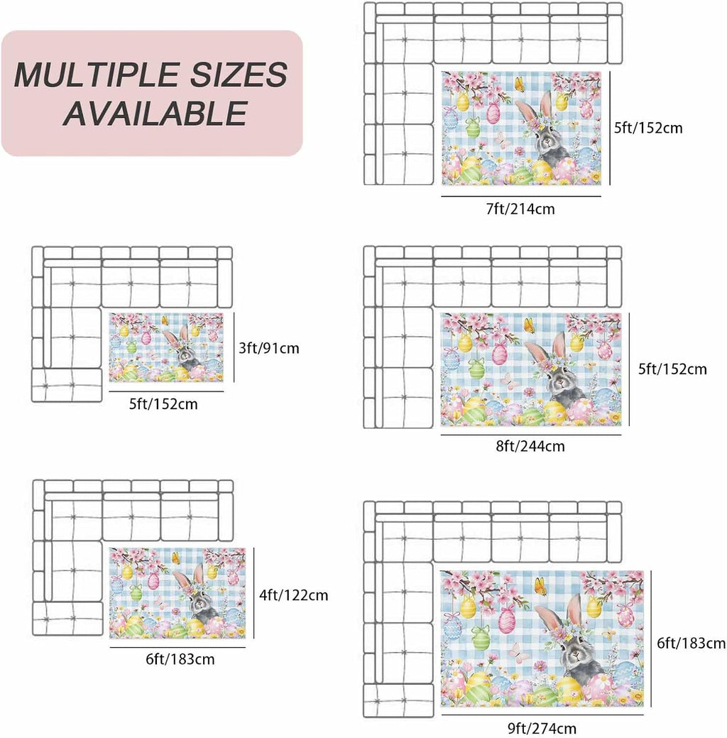Blue Easter Outdoor Rug for Patio/Deck/Porch, Non-Slip Large Area Rug 6 x 9 Ft, Spring Watercolor Bunny Eggs Flower Plaid Indoor Outdoor Rugs Washable Area Rugs, Reversible Camping Rug Carpet Runner