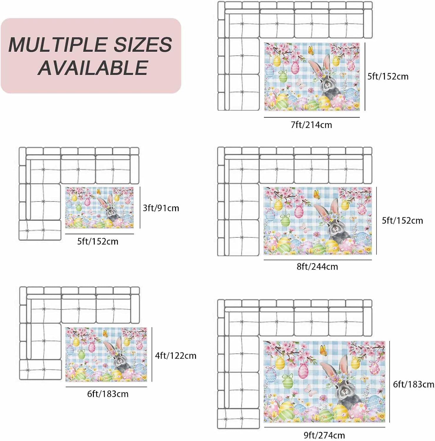 Blue Easter Outdoor Rug for Patio/Deck/Porch, Non-Slip Large Area Rug 6 x 9 Ft, Spring Watercolor Bunny Eggs Flower Plaid Indoor Outdoor Rugs Washable Area Rugs, Reversible Camping Rug Carpet Runner