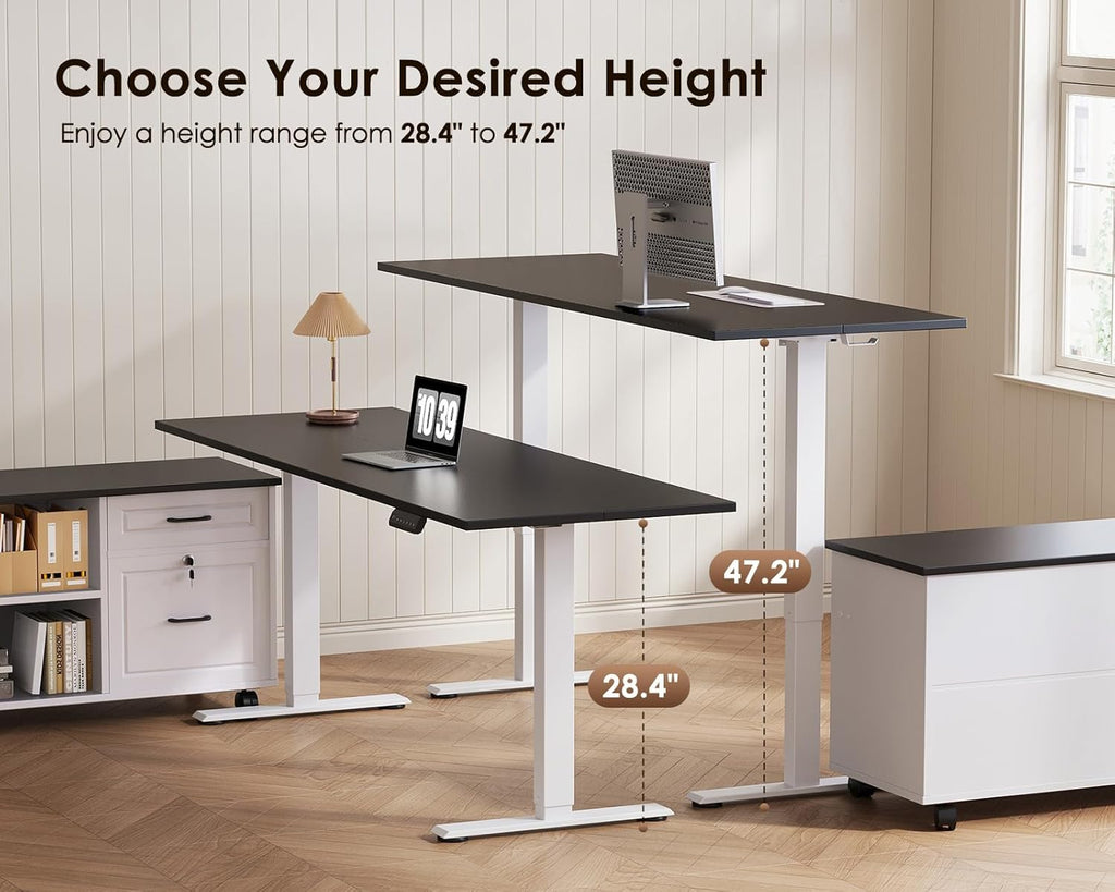 OffiGo 55 Inch L Shaped Electric Standing Desk with Drawers & File Cabinet Sets, Executive Sit Stand Desk, Height Adjustable Computer Desk for Home Office, Writing, Workstation, Black+White