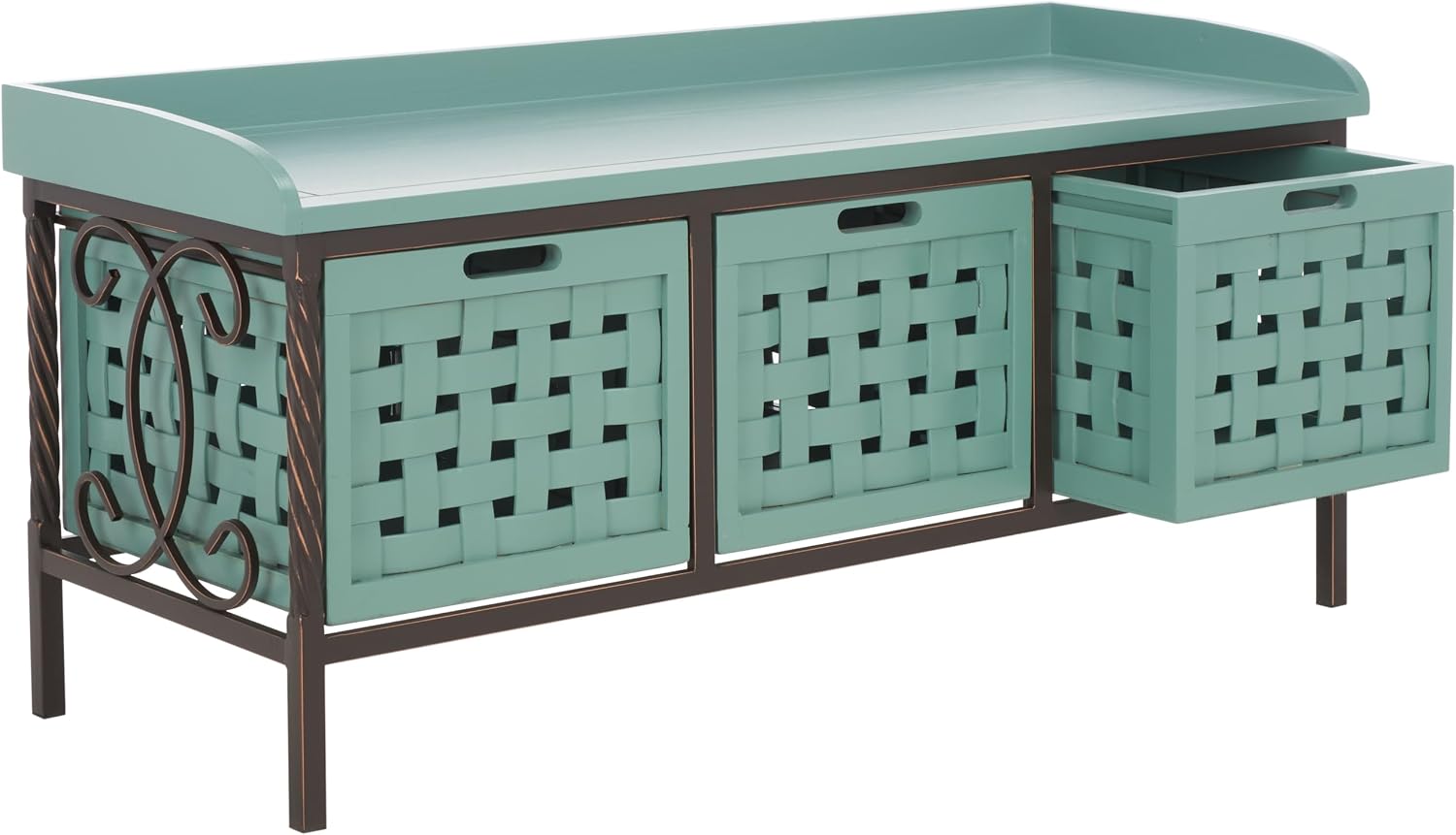SAFAVIEH Home Collection – Isaac Dusty Green Wooden Storage Bench with Drawers, Entryway & Mudroom Seating, Iron Frame Design, Fully Assembled (AMH6530B)