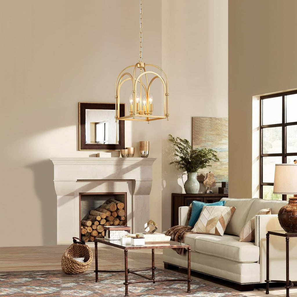 4-Light Gold Chandelier, Modern Farmhouse Lantern Chandelier with Rustic Cage Hanging Pendant Light Fixture for Kitchen Island Bedroom Living Room Entryway Foyer, Dining Room Light Fixtures Over Table