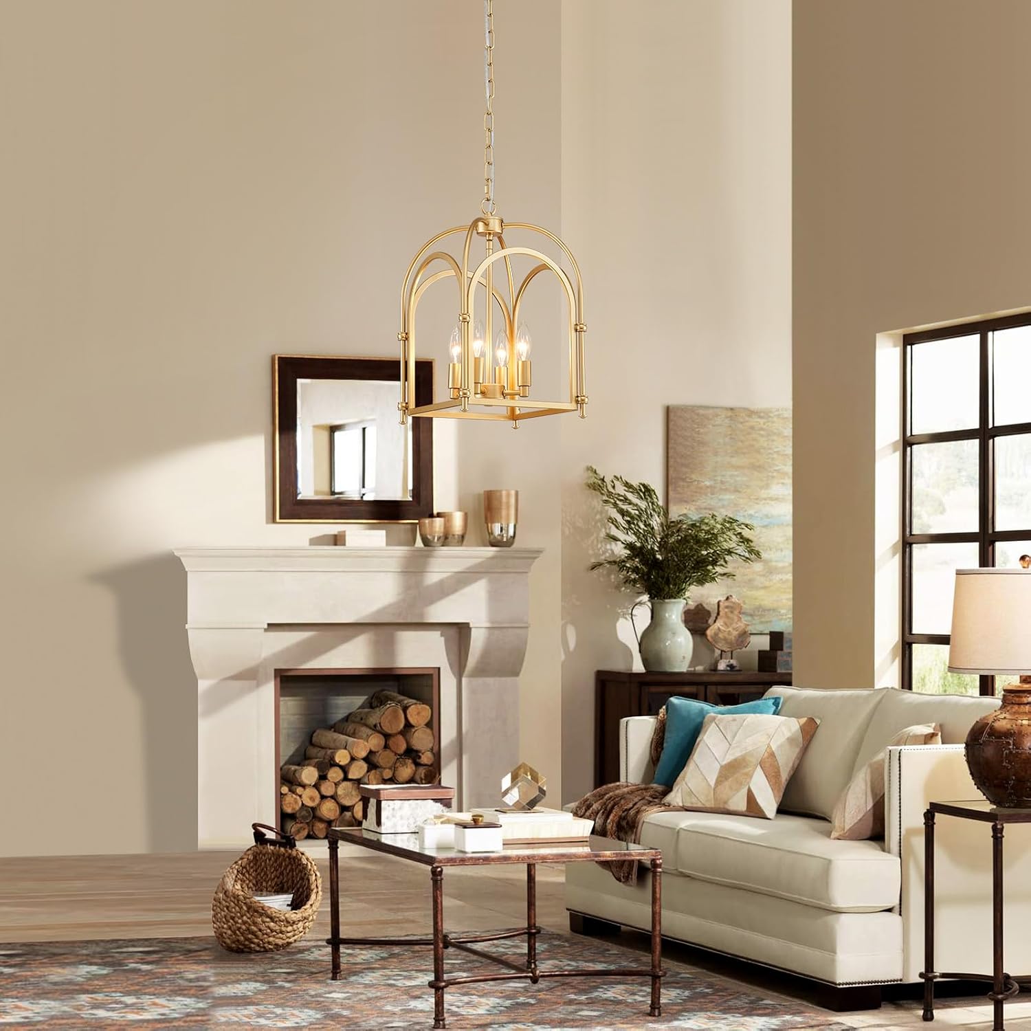 4-Light Gold Chandelier, Modern Farmhouse Lantern Chandelier with Rustic Cage Hanging Pendant Light Fixture for Kitchen Island Bedroom Living Room Entryway Foyer, Dining Room Light Fixtures Over Table