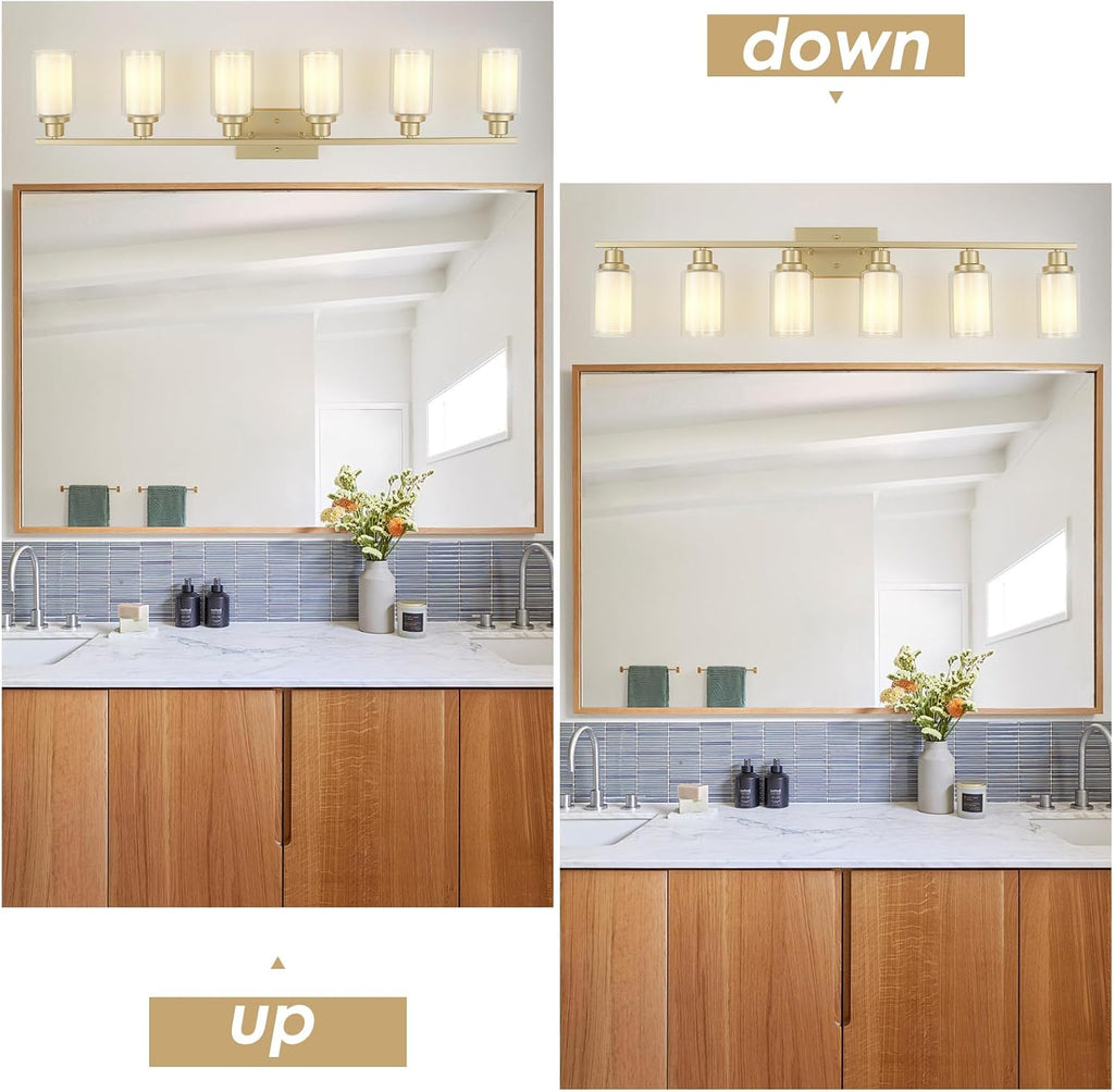 Jonsi Bathroom Vanity Light 6-Light Gold Vanity Lights 44.5' Bathroom Light Fixtures Over Mirror with Double Clear Glass Modern Wall Sconces for Living Room Hallway Bedroom