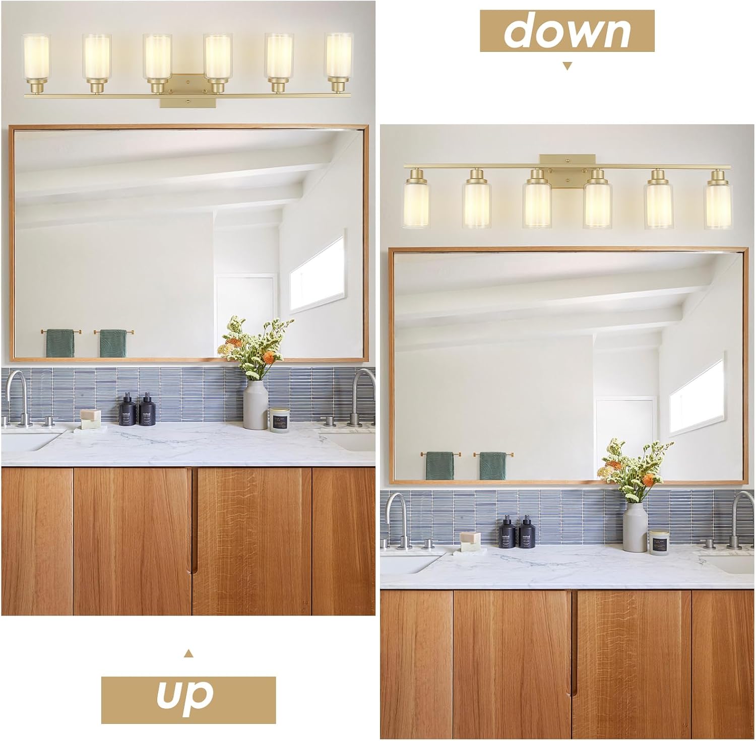 Jonsi Bathroom Vanity Light 6-Light Gold Vanity Lights 44.5' Bathroom Light Fixtures Over Mirror with Double Clear Glass Modern Wall Sconces for Living Room Hallway Bedroom