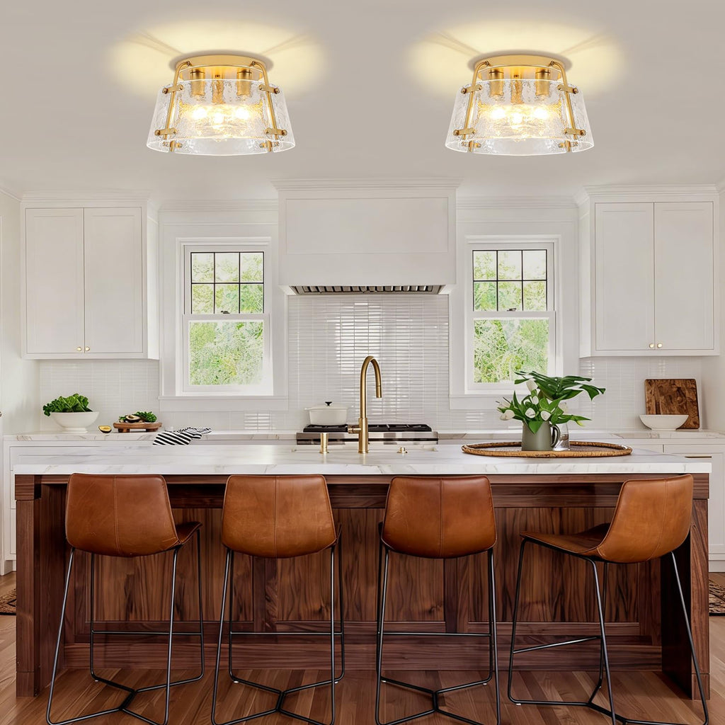 Gold Semi Flush Mount Ceiling Light, Modern Hallway Light Fixtures with Thick Hammered Glass, 3-Light Kitchen Ceiling Lights for Entryway Bedroom Foyer Laundry Bathroom Dining Room