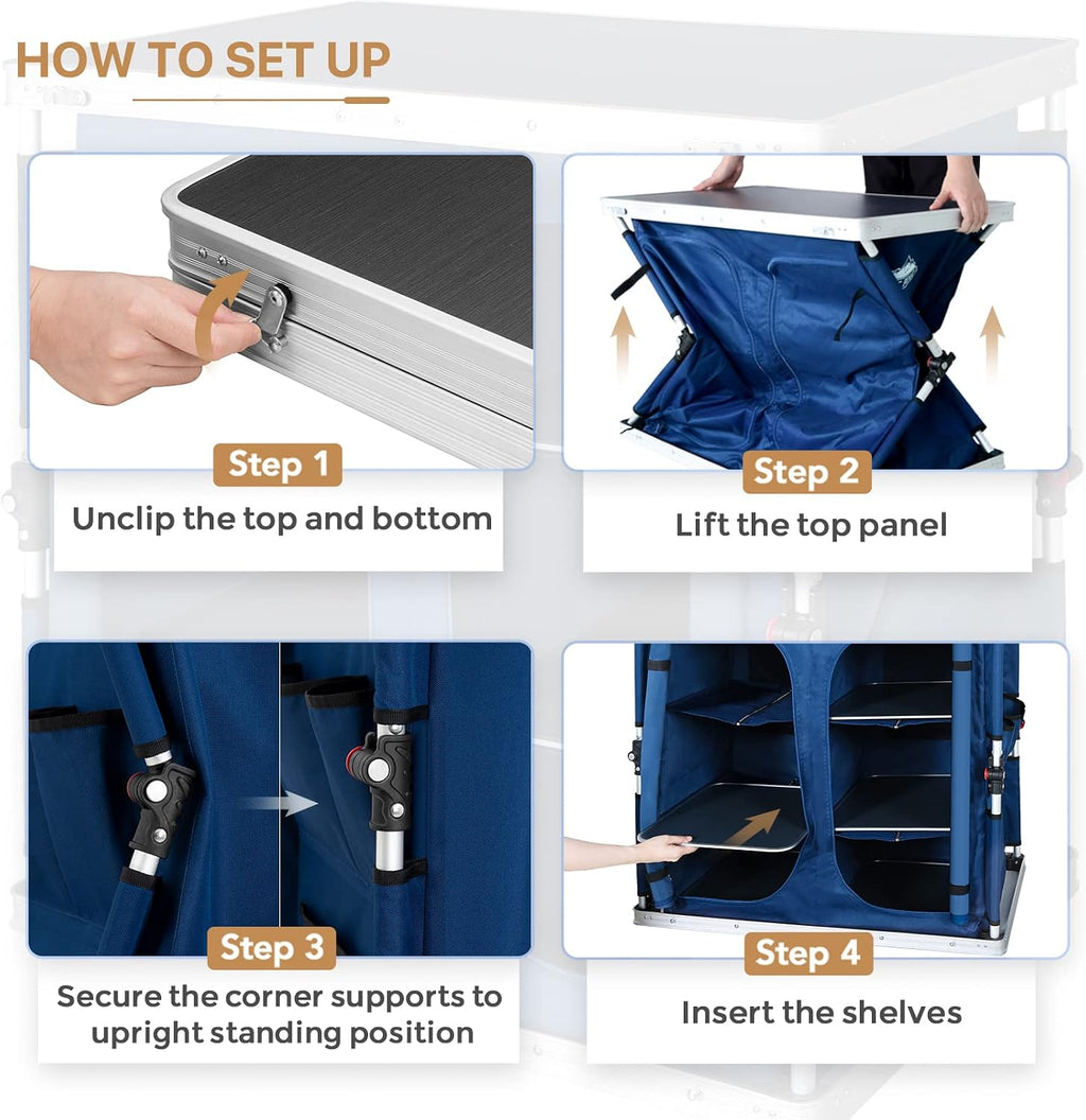 EAGLE PEAK Double Folding Camping Table with Storage Organizer and Side Pockets, Portable Outdoor Portable Camping Table for BBQ, Picnic and Tailgating, Carry Bag Included, Blue