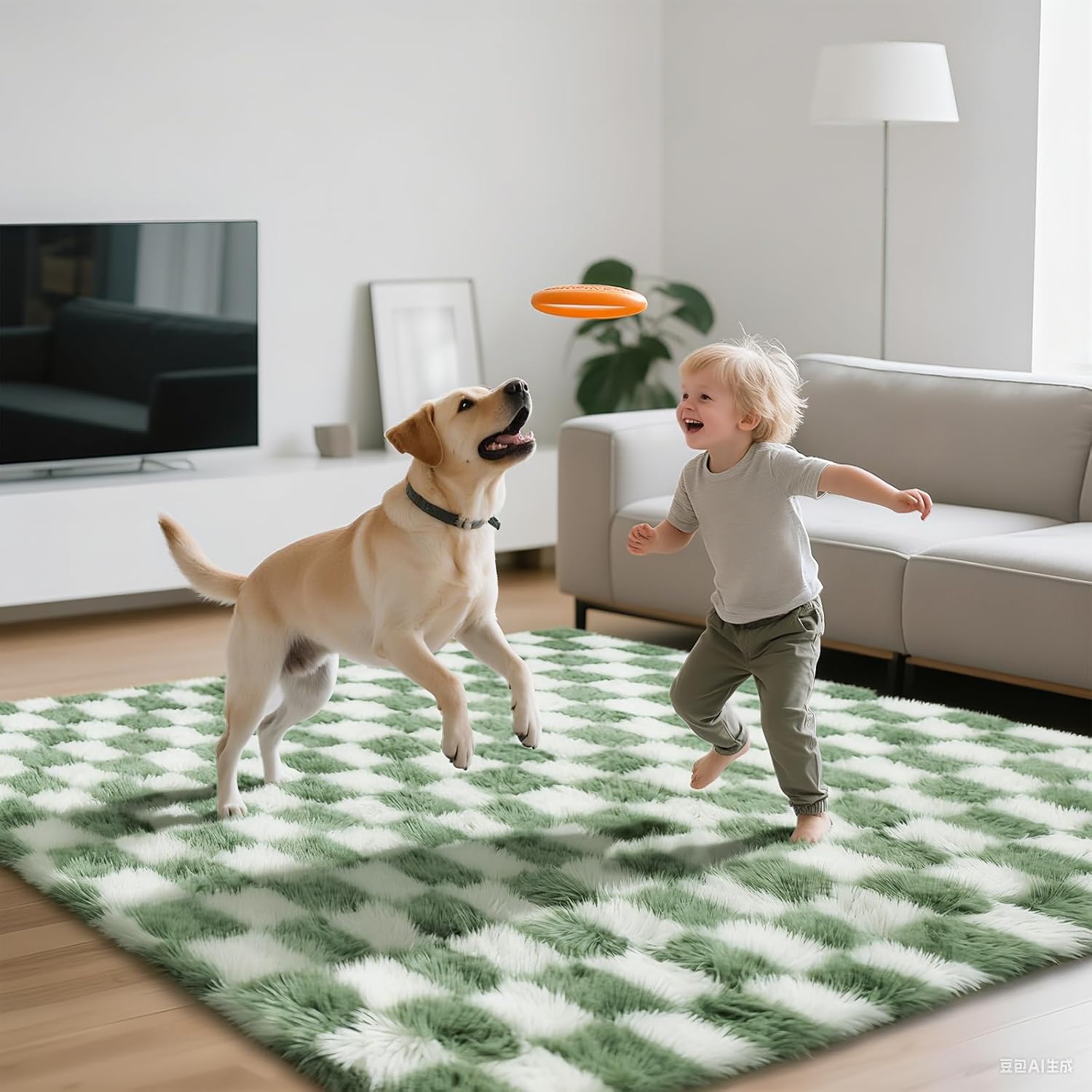 Large Area Rugs for Living Room Bedroom,9x12 Green and White Fluffy Soft Checkered Rug Fuzzy Shag Shaggy Carpet,Indoor Plush Floor Rugs for Teen Dorm Home Decor