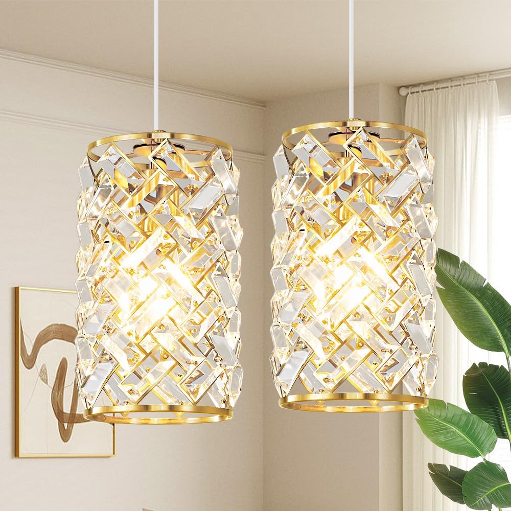 Gold Pendant Lights Kitchen Island, Mini Crystal Modern Kitchen Pendant Lighting Over Sink with 10.2' Clear Glass Shade Chandeliers, Adjustable Pendant Light Fixture for Dinning Room Bedroom Entryway