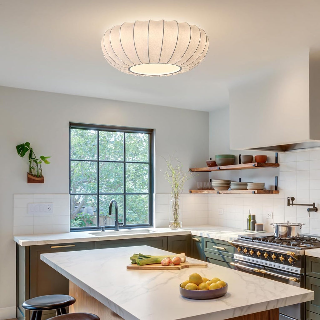 Mid Century Modern White Silk Shade Semi Flush Ceiling Light Japanese Style Drum Fabric Ceiling Light Large Boho Chandelier Light Fixture (20 Inches)