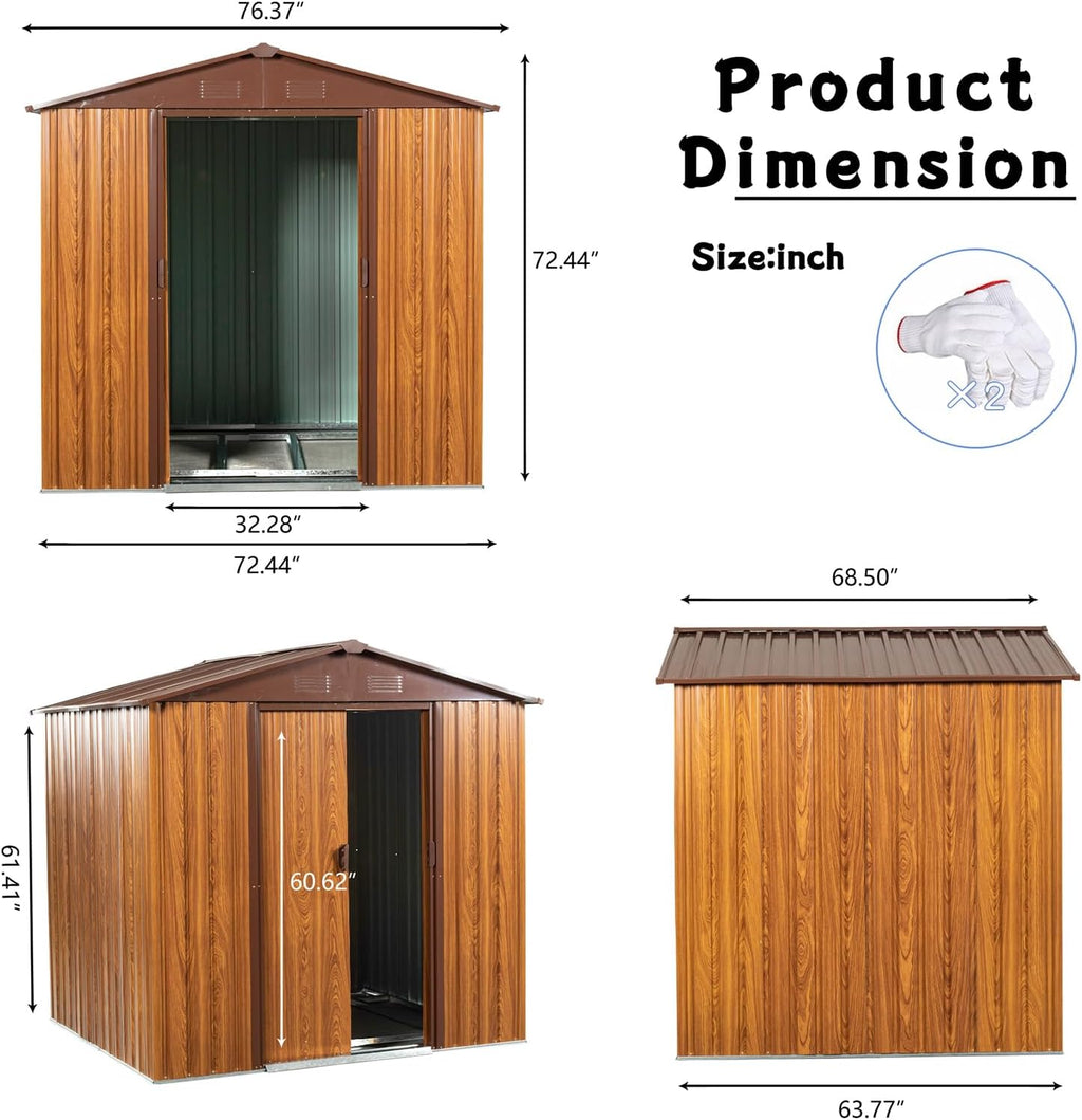 CHUNLY 6' x 5.5' Outdoor Metal Storage Shed with 2 Double Hinged Door & Floor Base, Tool Shed Woodgrain Outdoor Storage Lockable Garden Shed Storage Room for Patio Backyard Lawn Brown