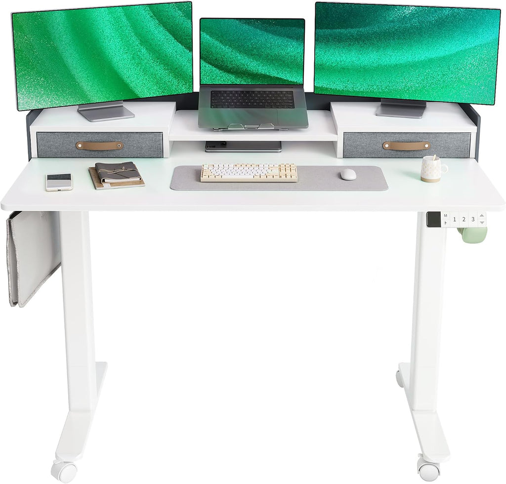 YDN Standing Desk with Drawers, 55 Inch Standing Desk Adjustable Height, Adjustable Electric Stand Up Sit Stand Small Desks with Storage and Shelf, White