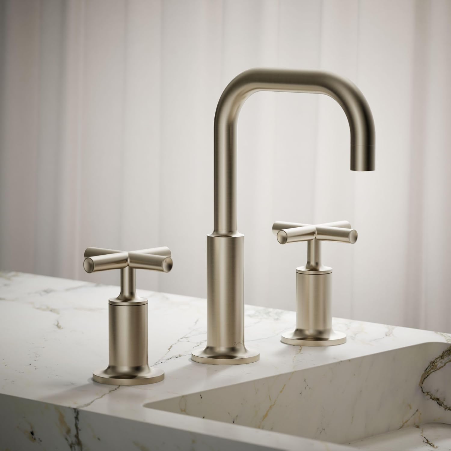 KOHLER K-14406-3-BN Purist® Widespread Bathroom Sink Faucet, Bathroom Faucets, 3-Hole with Low Cross Handles, 1.2 GPM, Vibrant Brushed Nickel
