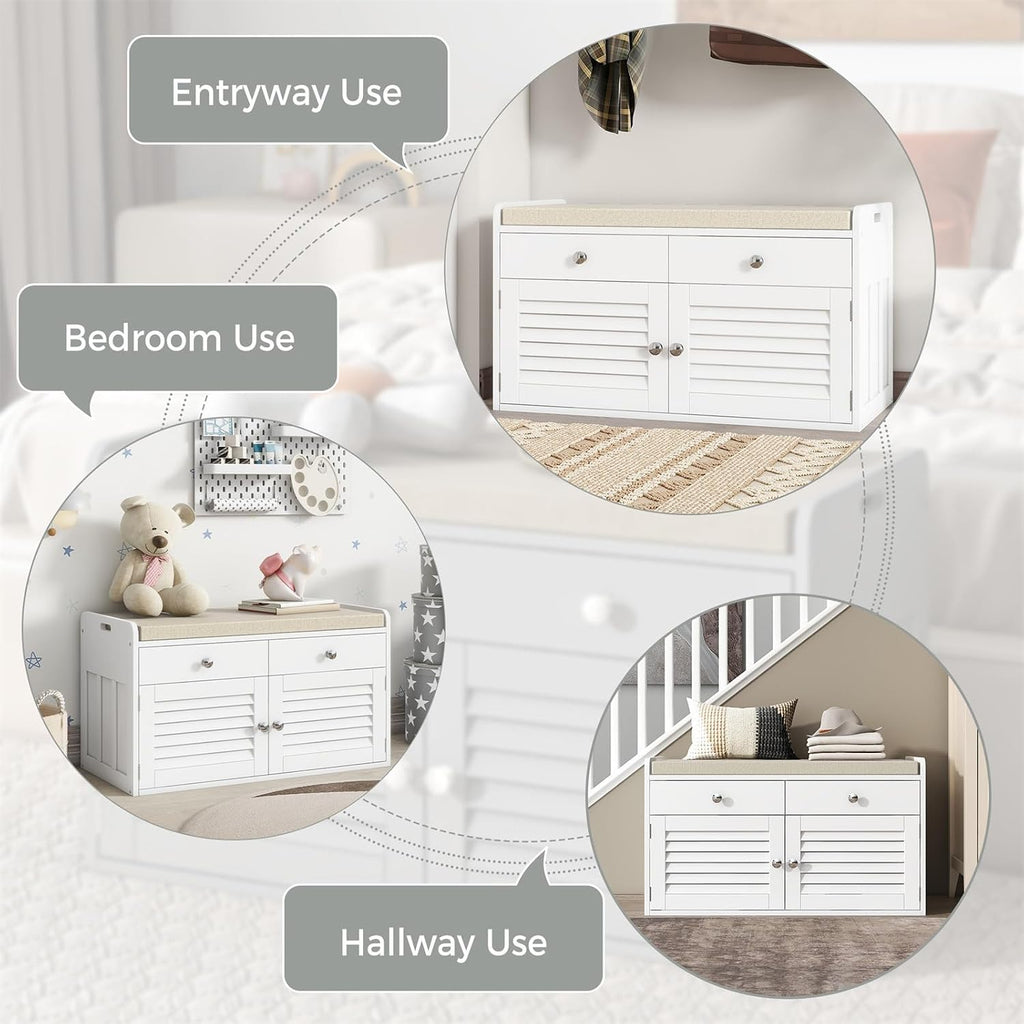 WARMHONIU Shoe Storage Bench with 2 Drawers, Entryway Bench with Cushion, Adjustable Shelves, Shoe Rack Bench with Louvered Doors for Entryway, Bedroom, Hallway, White