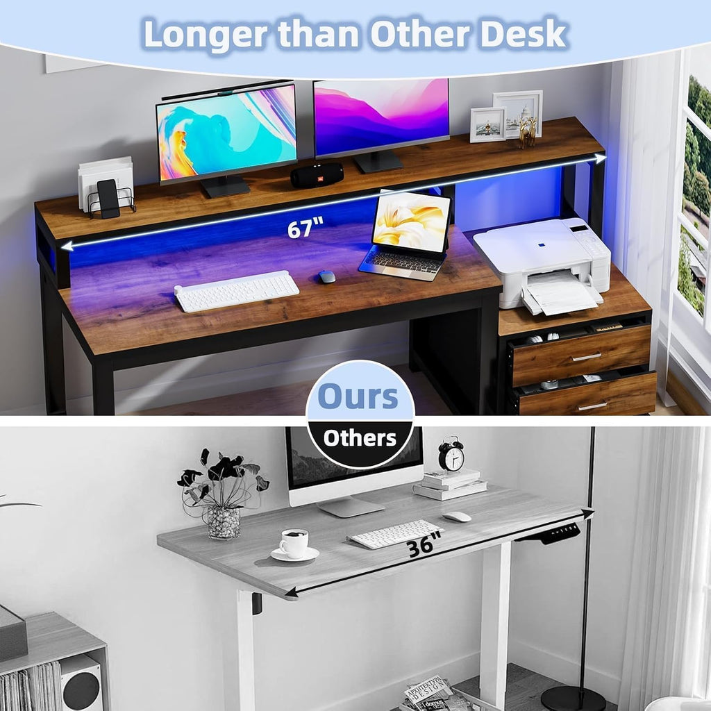 MaverickFurni 67'' Computer Desk with Drawers, Black Desk with Storage and Monitor Stand, Home Office Desk with Printer Shelf and LED Lights, Black and Walnut