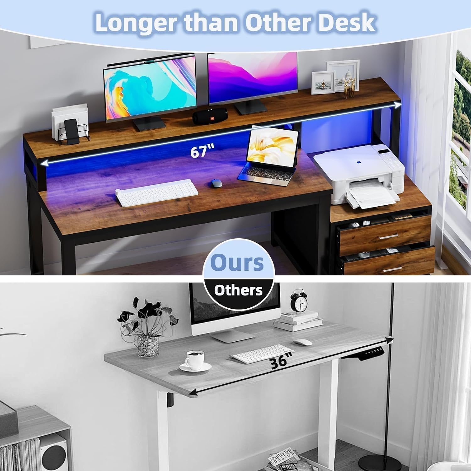 MaverickFurni 67'' Computer Desk with Drawers, Black Desk with Storage and Monitor Stand, Home Office Desk with Printer Shelf and LED Lights, Black and Walnut