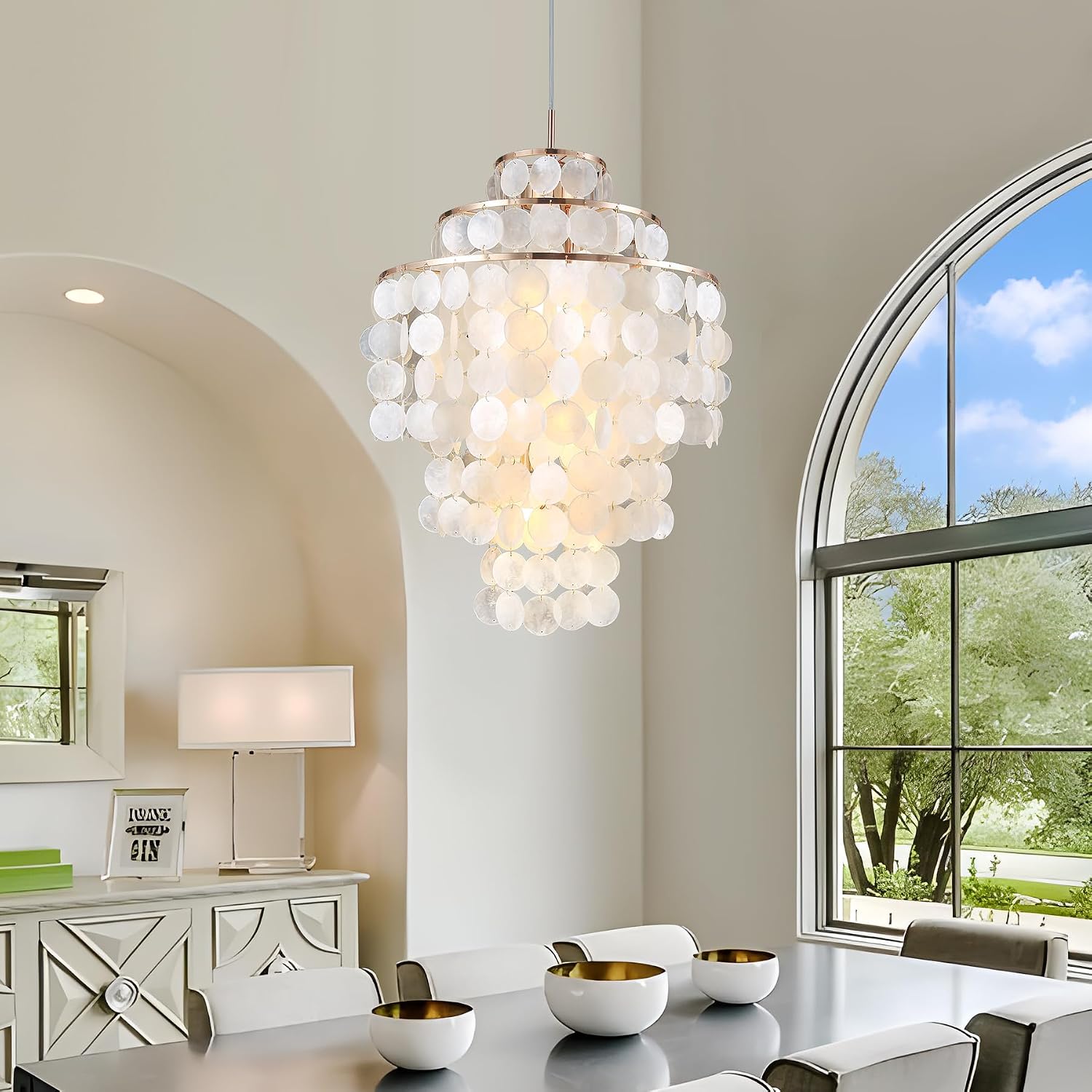 Capiz Shell Chandelier,18' Gold Coastal Chandelier Light Fixture with 4 Lights Capiz Seashell Pendant for Living Room Foyer Kitchen Island Entryway Dining Room Bedroom,LED Bulb Included
