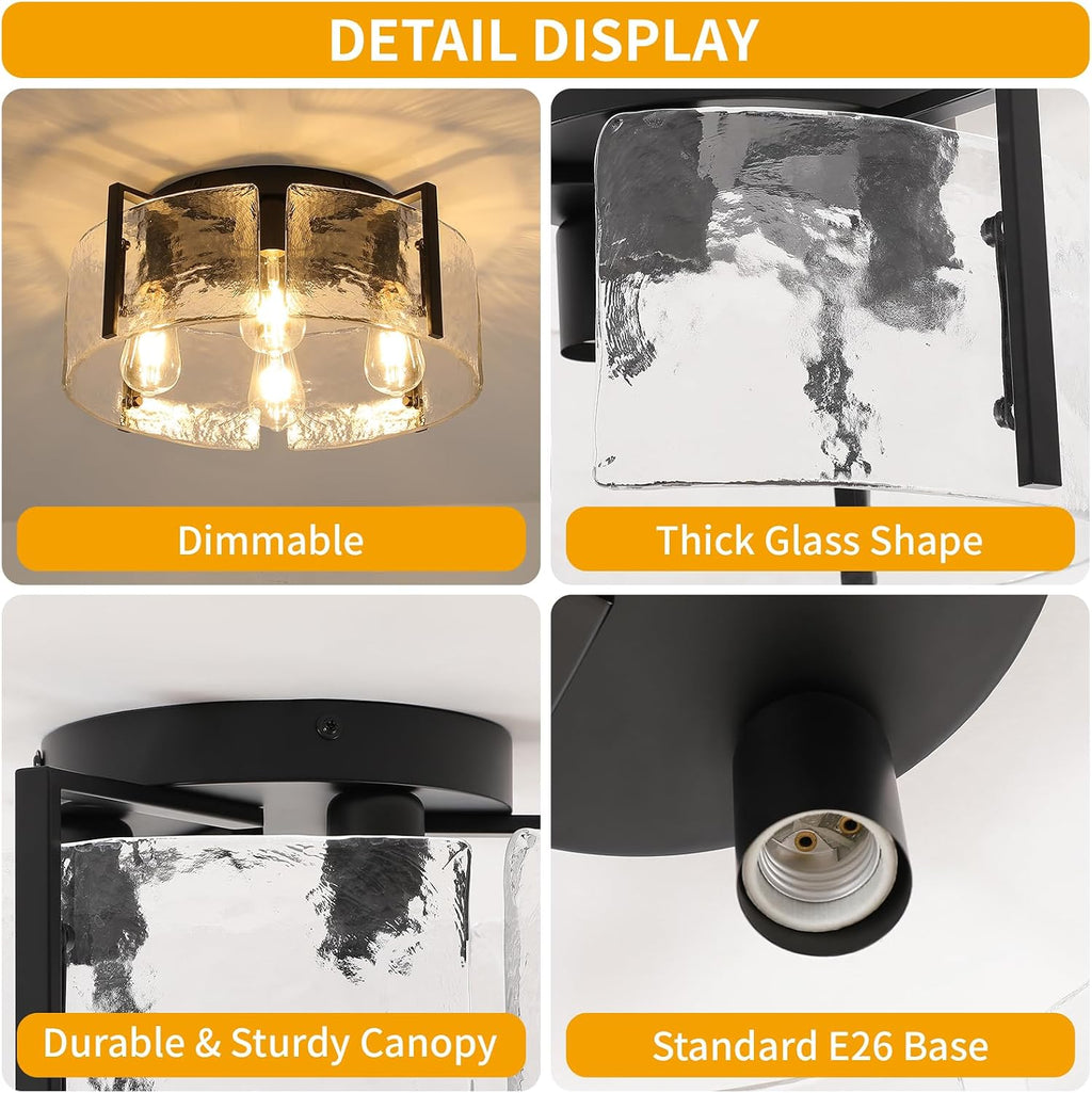 Modern 4-Light Flush Mount Ceiling Light with Hammered Glass Shade, Industrial Close to Ceiling Lighting Fixture in Matte Black for Hallway, Entryway, Bedroom, Kitchen, Dining Room, Living Room, Foyer