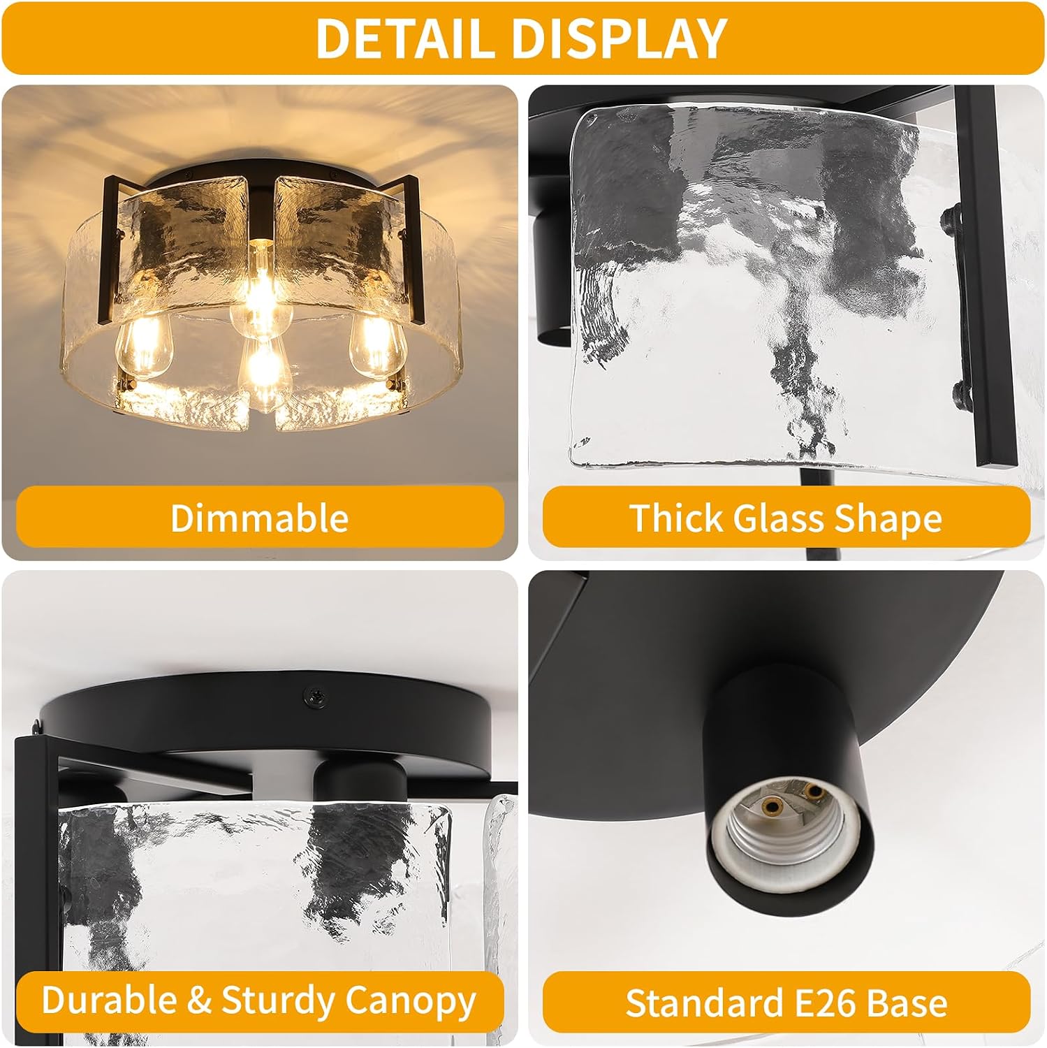 Modern 4-Light Flush Mount Ceiling Light with Hammered Glass Shade, Industrial Close to Ceiling Lighting Fixture in Matte Black for Hallway, Entryway, Bedroom, Kitchen, Dining Room, Living Room, Foyer