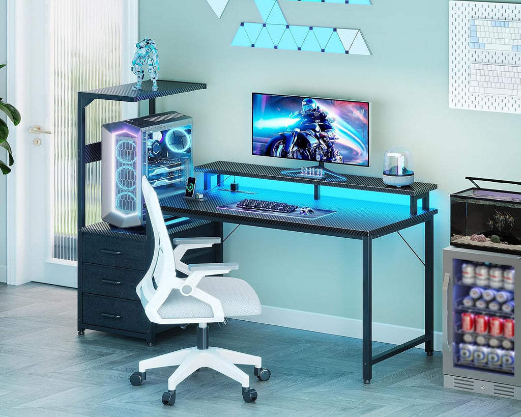 Casaottima 52 Inch Gaming Desk with USB Charging Ports & LED Light - Reversible Computer Desk with 3 Fabric Drawers, Monitor Stand, CPU Stand, Modern Office Desk, Black
