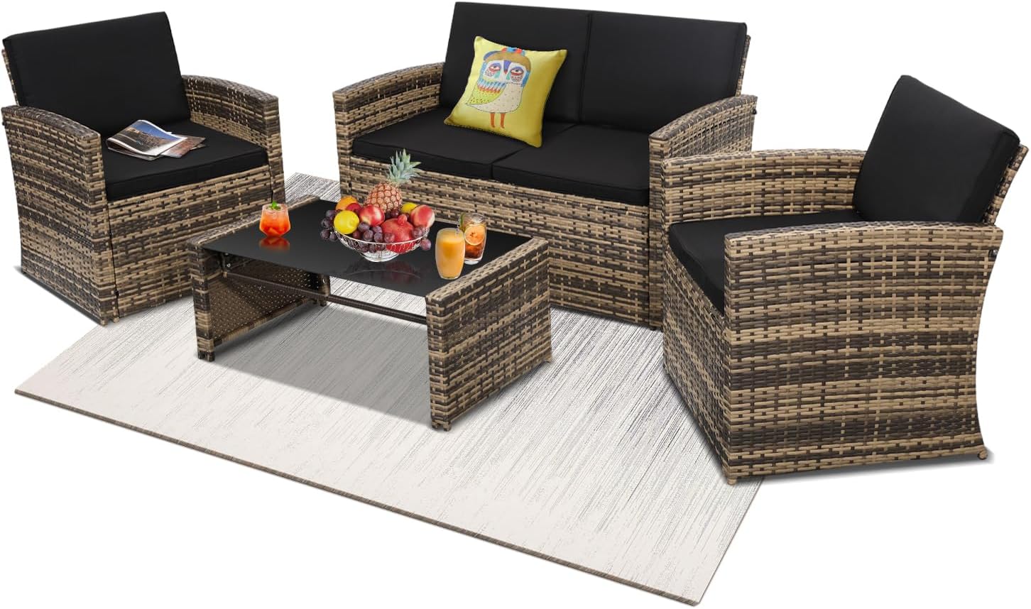 KROFEM 4-Piece Patio Furniture Set, Wicker Outdoor Rattan Sectional Sofa with Cushions and Glass Table, All-Weather Outdoor Conversation Set for Garden, Porch, Backyard, Patio, Black