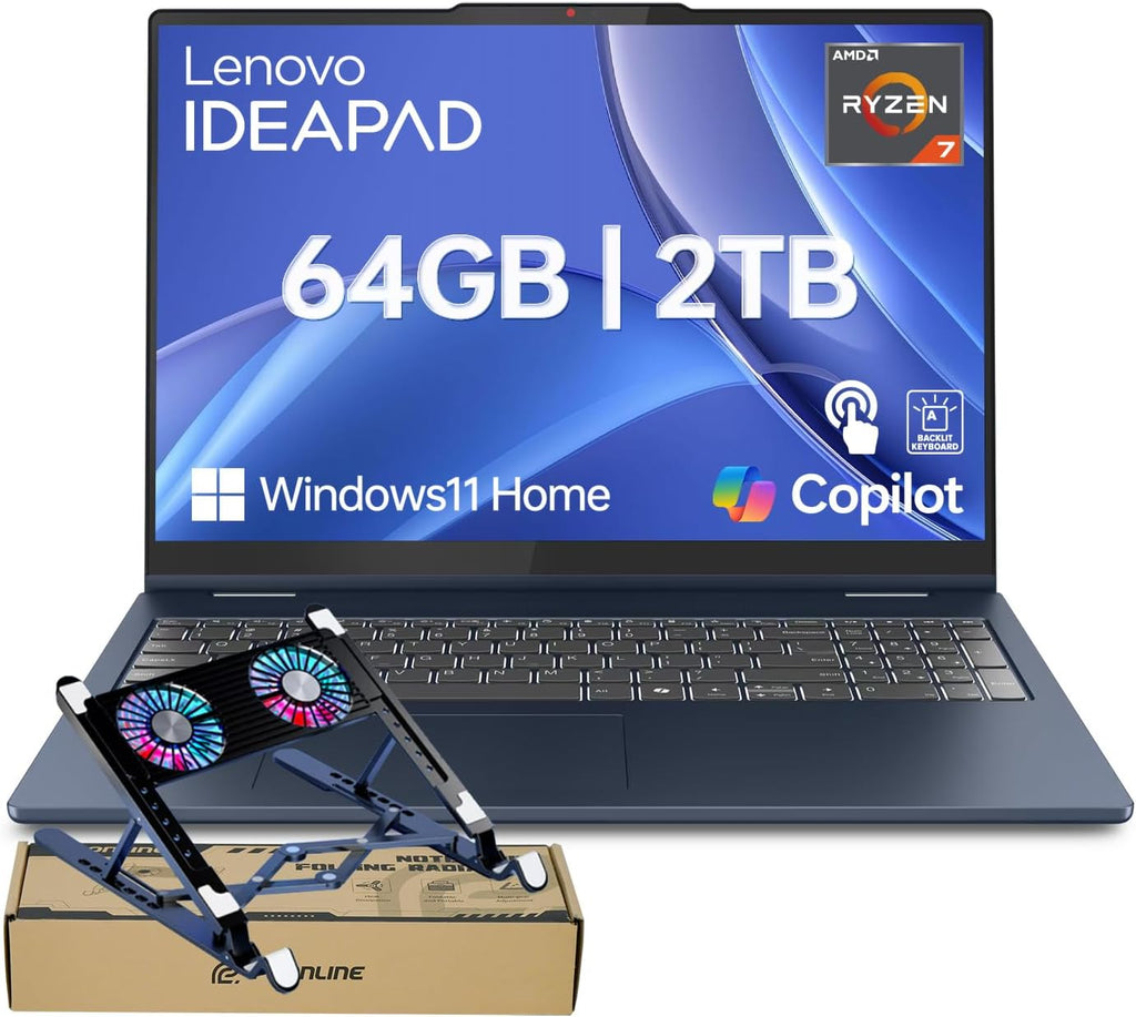 Lenovo IdeaPad Slim 5 Laptop, 16' FHD+ Touchscreen, Ryzen 7 350 (4nm, 16 Threads, Up to 5GHz, Beats Ultra 7 155U), 64GB RAM, 2TB SSD, Wi-Fi 7, W11H, Copilot AI PC, Blue, Bundle with PCO Laptop Cooler