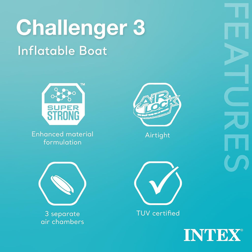 INTEX 68370EP Challenger 3 Inflatable Boat Set: Includes Deluxe 48in Boat Oars and High-Output Pump – Triple Air Chambers – Welded Oar Locks – 3 Person – 660lb Weight Capacity