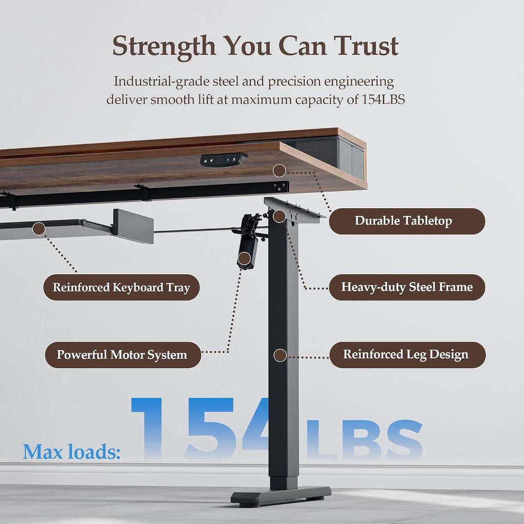 Klicelor 63 x 23.6 Inch Electric Standing Desk with Drawers, Adjustable Height Small Sit Stand Desk for Home Office, Compact Computer Workstation with Storage– Rustic Brown