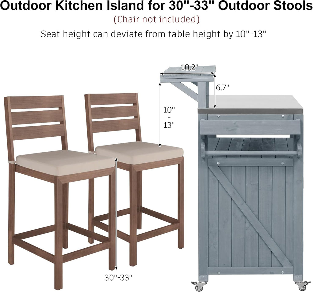 Merax 53.3' Outdoor Kitchen Island with Raised Shelf, Solid Wood Storage Cabinet with Stainless Steel Top, Rolling Grill Cart, Adjustable Shelf, Grey Blue