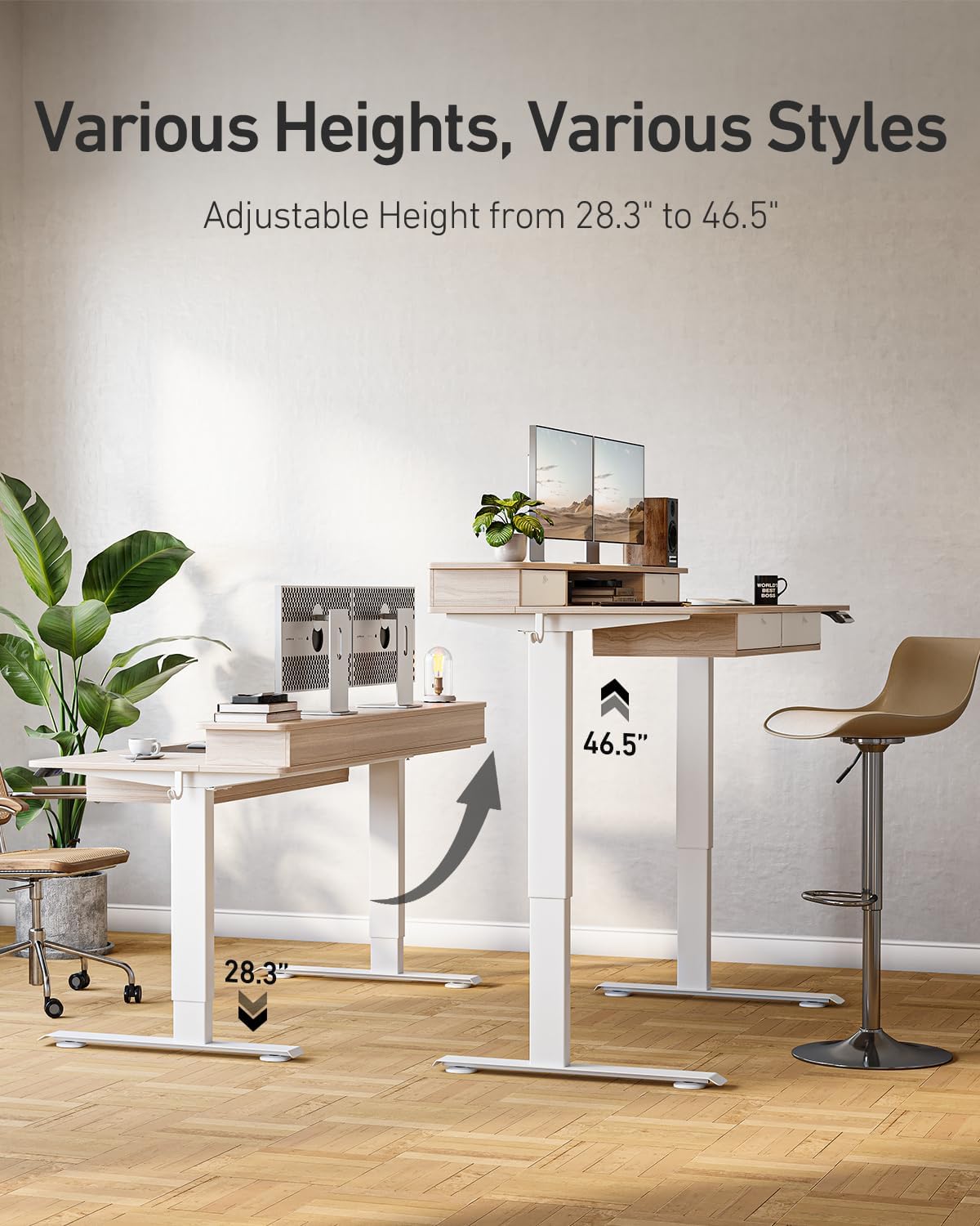 FEZIBO 60 x 30 inch Standing Desk with Drawers, Height Adjustable Electric Workstation, Computer Sit Stand Up Table with Large Storage Shelf 4 Drawers and 2 Hooks, Light Rustic Brown