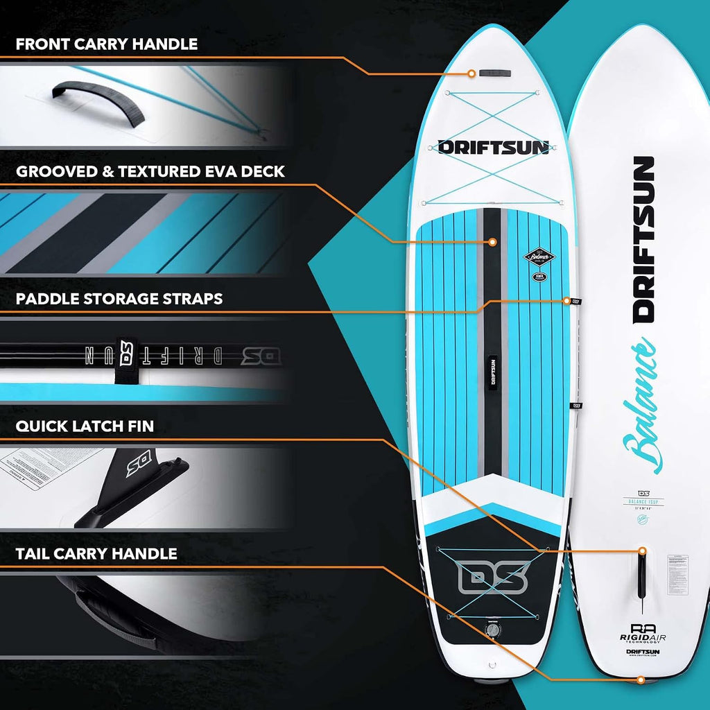 Driftsun Inflatable Stand Up Paddle Board - Extra Wide 11ft x 36in x 6in ISUP Package, Travel Backpack, Paddle, Hand Pump, Ankle Leash, Removable Fin, Youth & Adult SUP