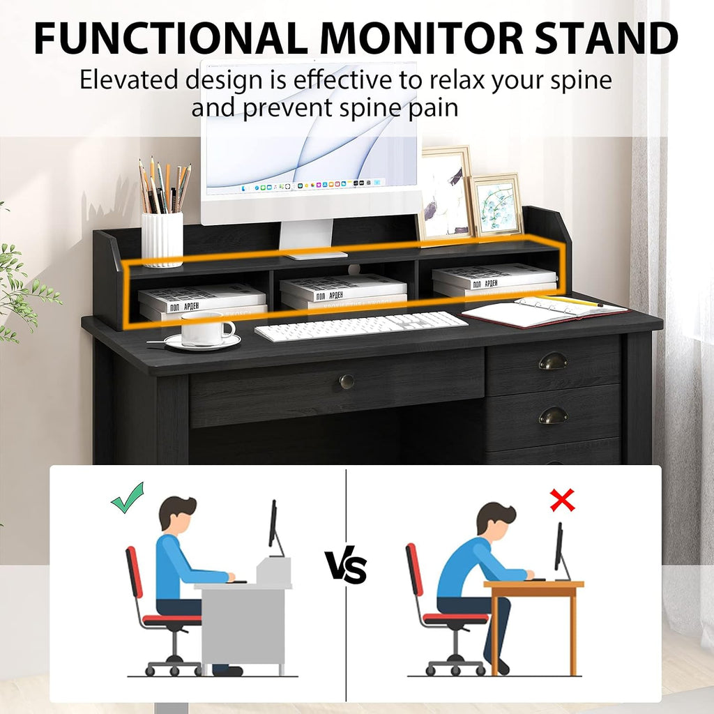 48' Vintage Computer Desk with 4 Storage Drawers & Top Hutch, Home Office Workstation with Drawer & Monitor Stand, Wooden Study Work Writing Table (Black)