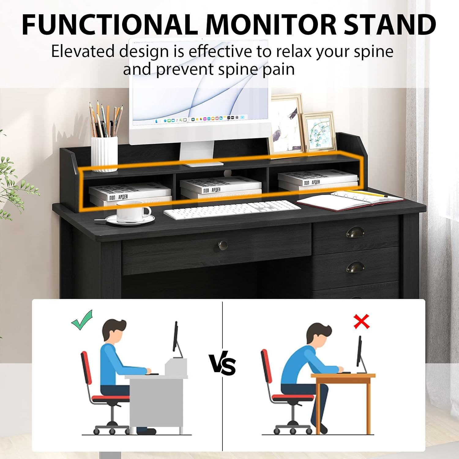 48' Vintage Computer Desk with 4 Storage Drawers & Top Hutch, Home Office Workstation with Drawer & Monitor Stand, Wooden Study Work Writing Table (Black)
