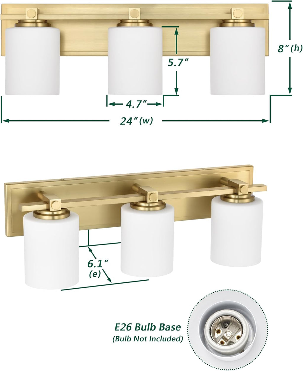 Gold Bathroom Vanity Light Fixtures, Aged Brass 3 Lights Vanity Lighting Fixture with Opal Glass Shade, Porch Wall Mount Light Fixture for Bathroom, Mirror Cabinets Hallway Stairs