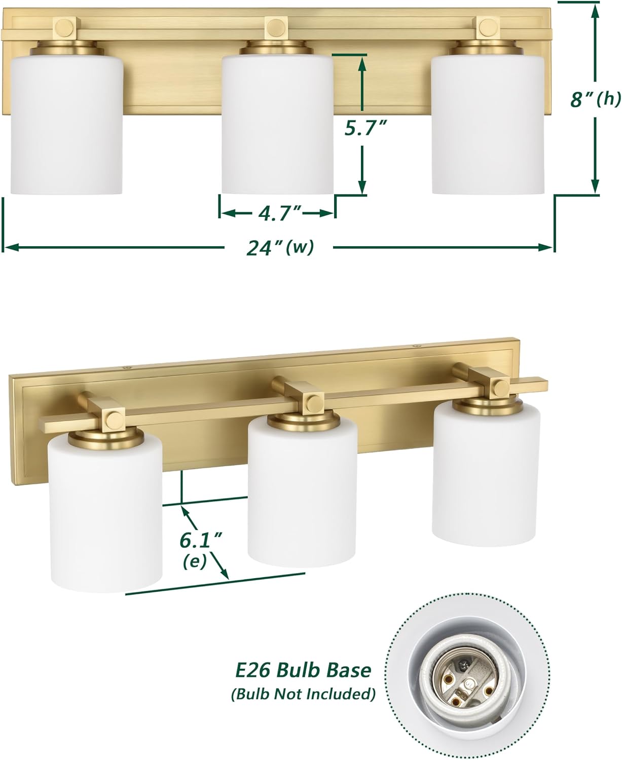 Gold Bathroom Vanity Light Fixtures, Aged Brass 3 Lights Vanity Lighting Fixture with Opal Glass Shade, Porch Wall Mount Light Fixture for Bathroom, Mirror Cabinets Hallway Stairs
