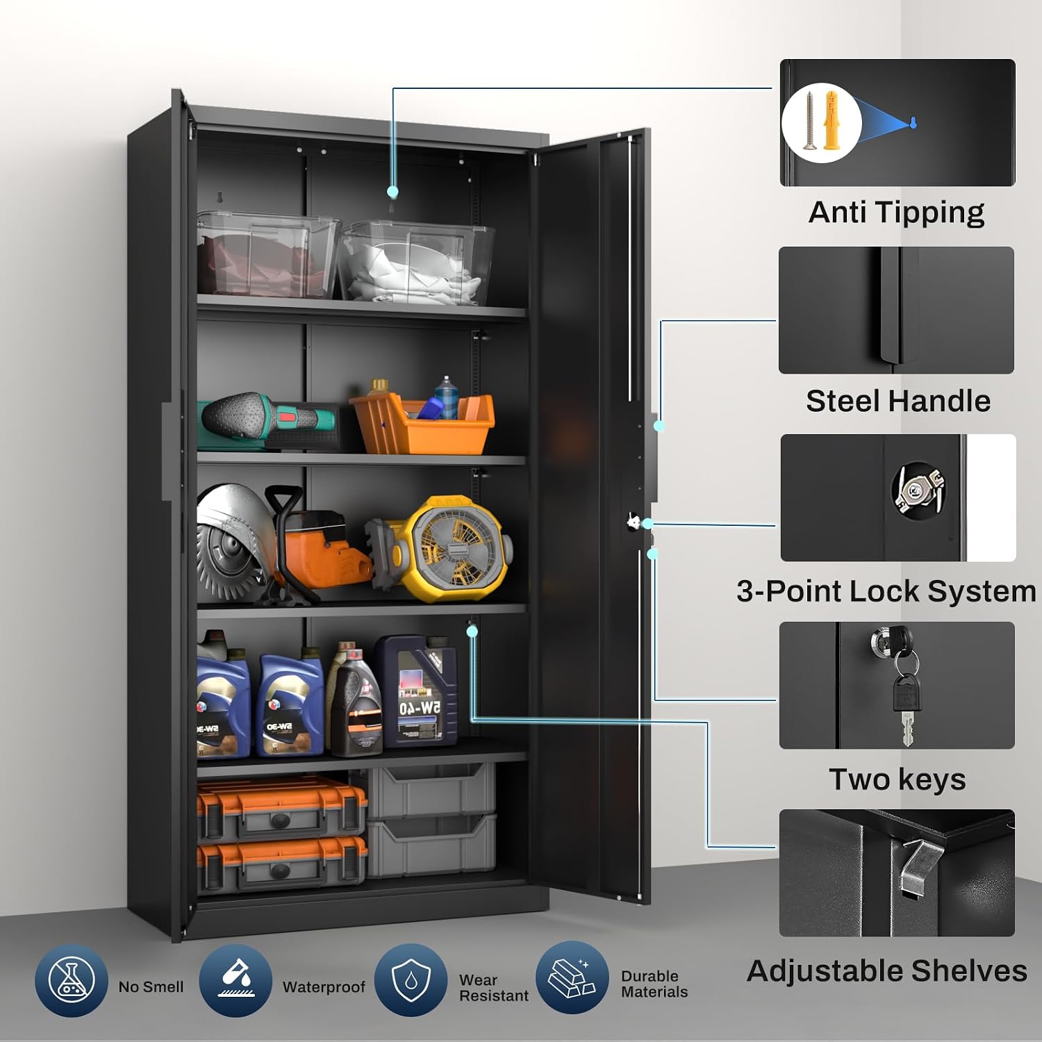 Metal Garage Storage Cabinet with Lock, 71' Tall Steel Storage Locker with 4 Adjustable Shelves, Heavy Duty Metal Cabinet for Garage, Office, Home, 31.5'W × 16.5'D, Black