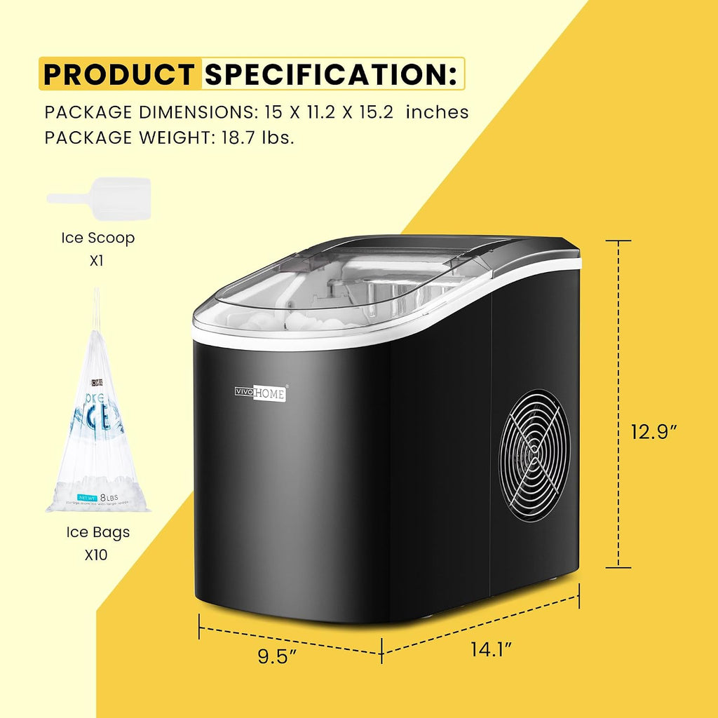 VIVOHOME Electric Portable Compact Countertop Automatic Ice Cube Maker Machine with Hand Scoop 10 Ice Bags and Self Cleaning Function 27lbs/Day Black