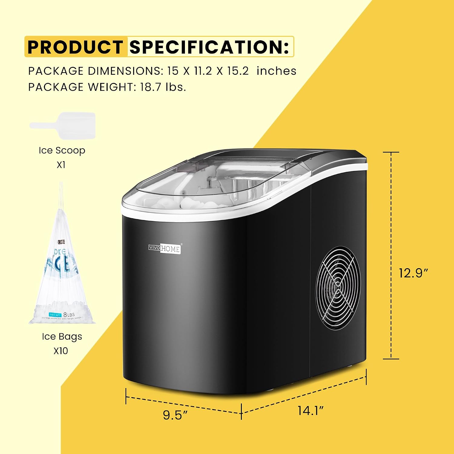 VIVOHOME Electric Portable Compact Countertop Automatic Ice Cube Maker Machine with Hand Scoop 10 Ice Bags and Self Cleaning Function 27lbs/Day Black