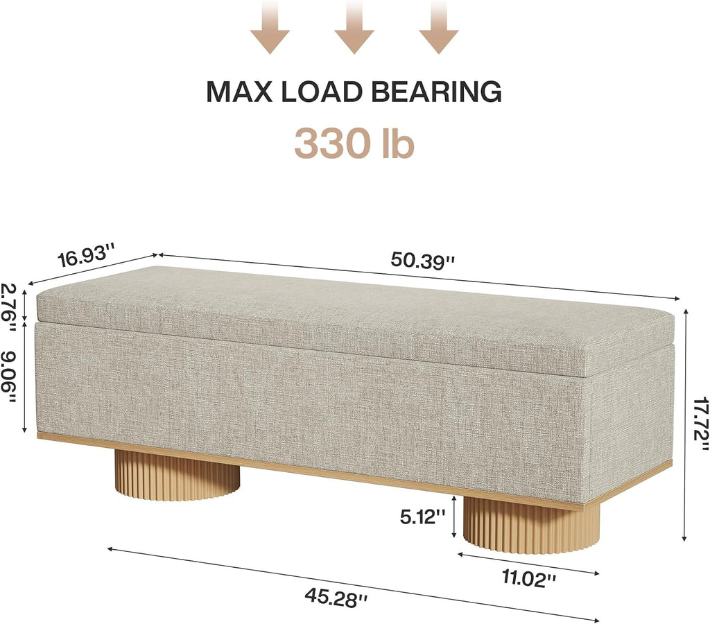 Tribesigns 50.39' Storage Bench with Padded Seat Cushion, Upholstered Shoe Bench with Flip Up Storage for Bedroom, Living Room, Entryway, Load up to 330 lb, Beige + Wood Color
