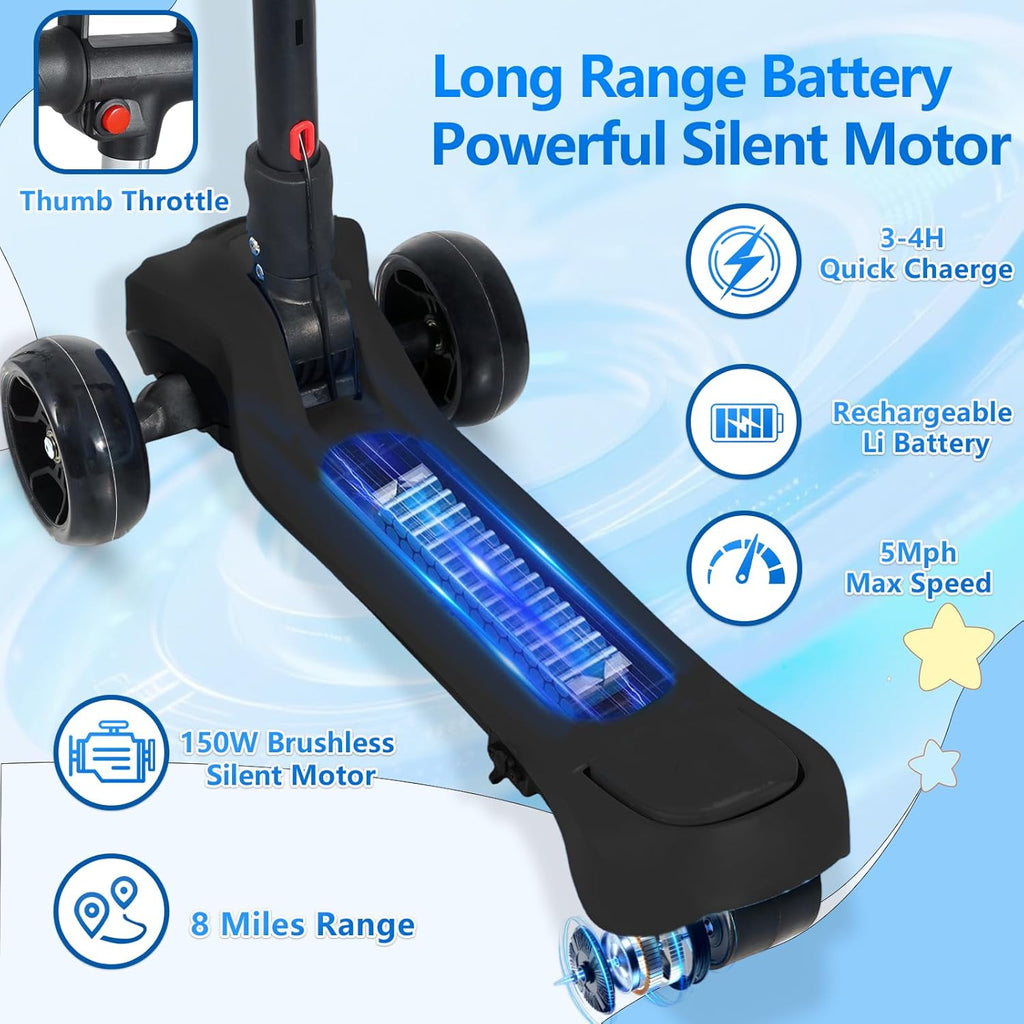 Electric Scooter for Kids Ages 3-12, Full Body Lights Up, Wide Deck, 3 Adjustable Heights, 5MPH Safe Speed, 90min Riding, Foldable 3 Wheel Electric Scooter for Kids Boys Girls Toddler