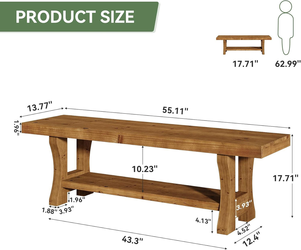 Solid Wood Entryway Bench, 55' End of Bed Bench, Long Indoor Dining Seat for Hallway, Bedroom, Living Room, Dining Room, Easy Assembly, Brown